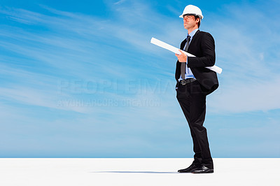 Constructor in hardhat with blueprints against blue sky