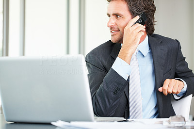Business man using cell phone and laptop