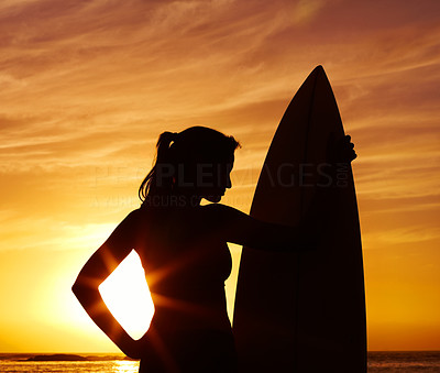 Woman holding surfboard against scenic sunset - Silhouette
