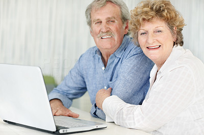 Happy old couple working together on laptop
