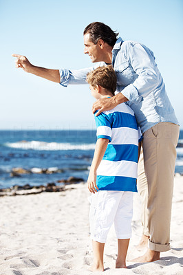 Father showing something to his son at the sea shore