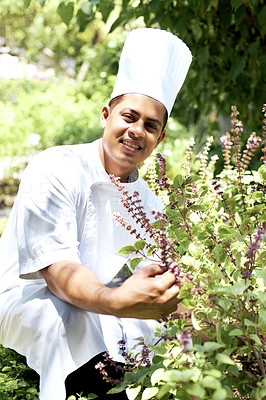 Happy cook in fresh herbs garde