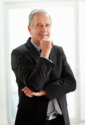 Confident mature business man with hand on chin against blurred