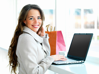 Woman using a laptop for internet shopping standing at lobby