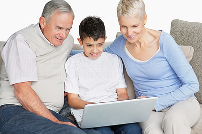 Happy old couple with grandson using a laptop on couch