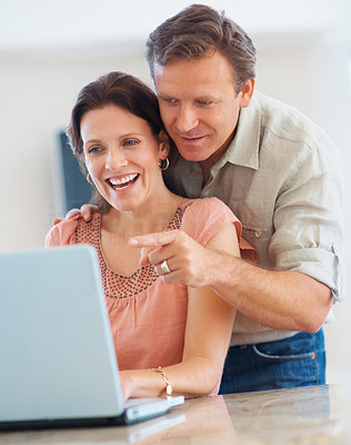 Happy mature couple busy working together on a laptop