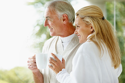 A calm mature couple with coffee cups looking at copy space
