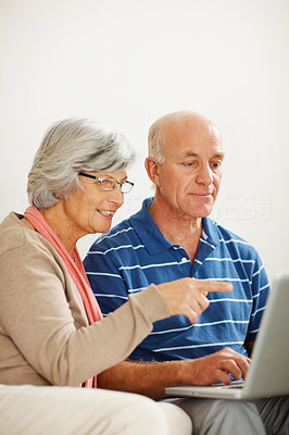 Senior man using laptop with his wife pointing at the screen