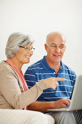 Senior man using laptop with his wife pointing at the screen
