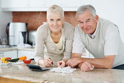 Elderly couple calculating their bills at the kitchen