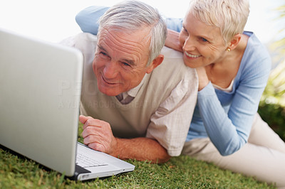 Happy elderly couple using a laptop on grass