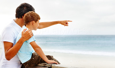 Father pointing towards the sea, showing something to his son