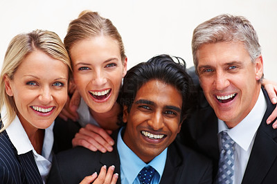 Closeup: Cheerful business people smiling on white background