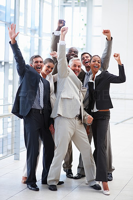 Portrait of successful delighted business people with their hands raised