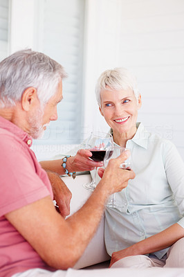 Happy couple having a glass of wine while enjoying at home