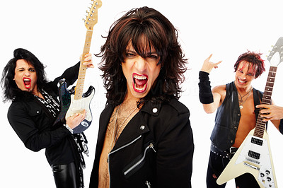 Professional rockstars performing together over white background