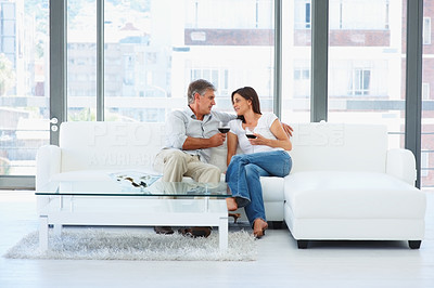 Happy mature couple sitting on a couch and drinking wine