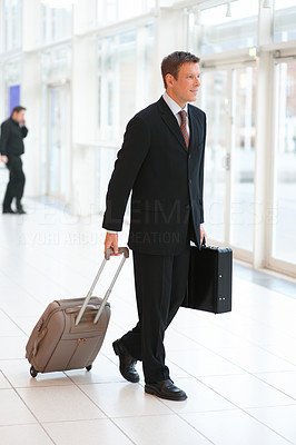 Smiling handsome business man holding a suitcase and bag