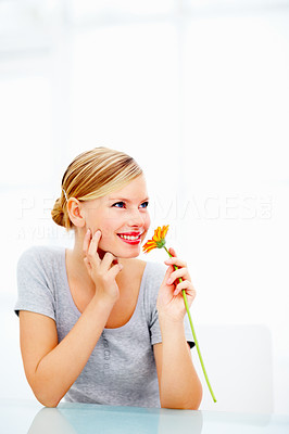 Portrait of charming young female smelling a flower over white background