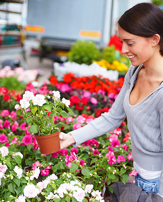Portrait of a happy beautiful lady shopping flowers