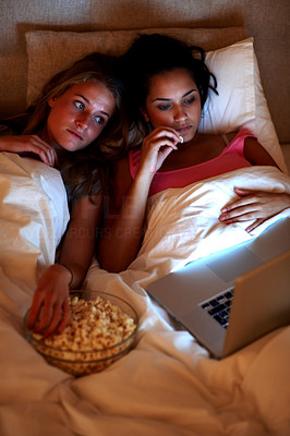Cute young females watching movie on laptop