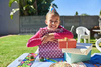 Buy stock photo Portrait of a happy little girl enjoying her birthday party outdoors