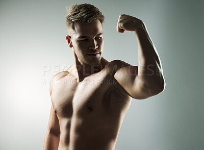 Buy stock photo Studio shot of a muscular young man flexing his arm against a grey background