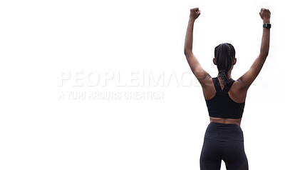 Buy stock photo Rearview shot of a sporty young woman cheering while exercising against a white background