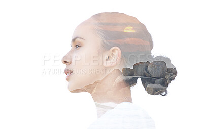 Buy stock photo Shot of a beautiful young woman with a sunset superimposed over her face against a white background