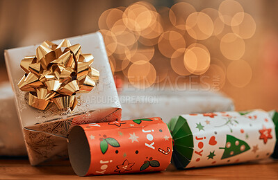 Buy stock photo Closeup shot of a gift box and a cracker during Christmas