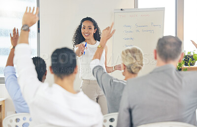 Buy stock photo Shot of a businesswoman answering questions during a presentation