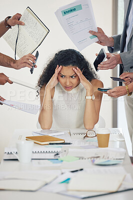 Buy stock photo Shot of a businesswoman looking stressed during a business meeting