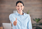 Smiling mixed race businesswoman standing alone and using hand gestures to make a thumbs up. Confident and ambitious hispanic professional wishing good luck symbol and sign. Endorsing and approving