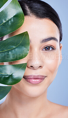 Buy stock photo Studio portrait of a beautiful mixed race woman posing with an exotic leaf. Young hispanic using a organic skincare treatment against a blue copyspace background