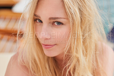 Buy stock photo Closeup of the face of a beautiful young caucasian woman on a boat. Face of a beautiful young woman enjoying a vacation cruise