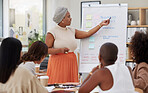 Ambitious african american businesswoman using whiteboard to train staff in office workshop. Black professional standing and teaching team of colleagues. Sharing idea and planning marketing strategy