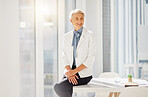 Portrait of a confident mature caucasian businesswoman sitting on a table in an office alone. One female only with grey hair smiling and looking cheerful. Ambitious entrepreneur and determined leader ready for success in her startup