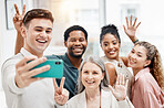 Group of cheerful diverse businesspeople taking a selfie together at work. Happy caucasian businessman taking a photo with his content colleagues